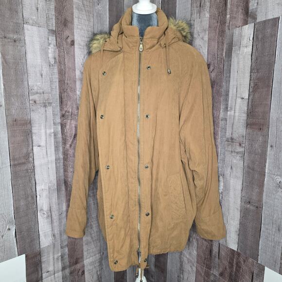 Design & Co Lane Bryant Brown Tan Coat Faux Fur Hood Women's Size 18 / 20 Gift - Picture 4 of 10